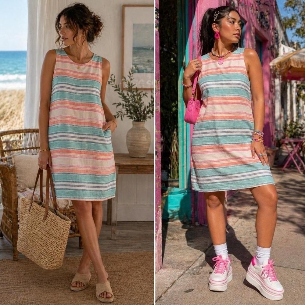 Island Company Linen‎ Striped Shift Dress Sleeveless Sz L Coastal Preppy Summer